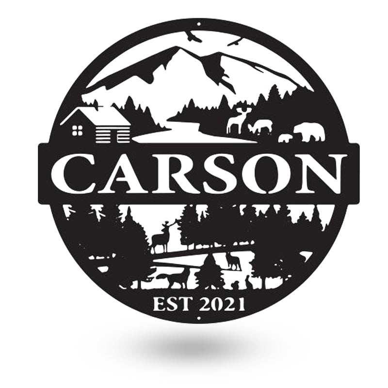 Personalized Mountain Cabin Scene Hunting Metal Wall Art