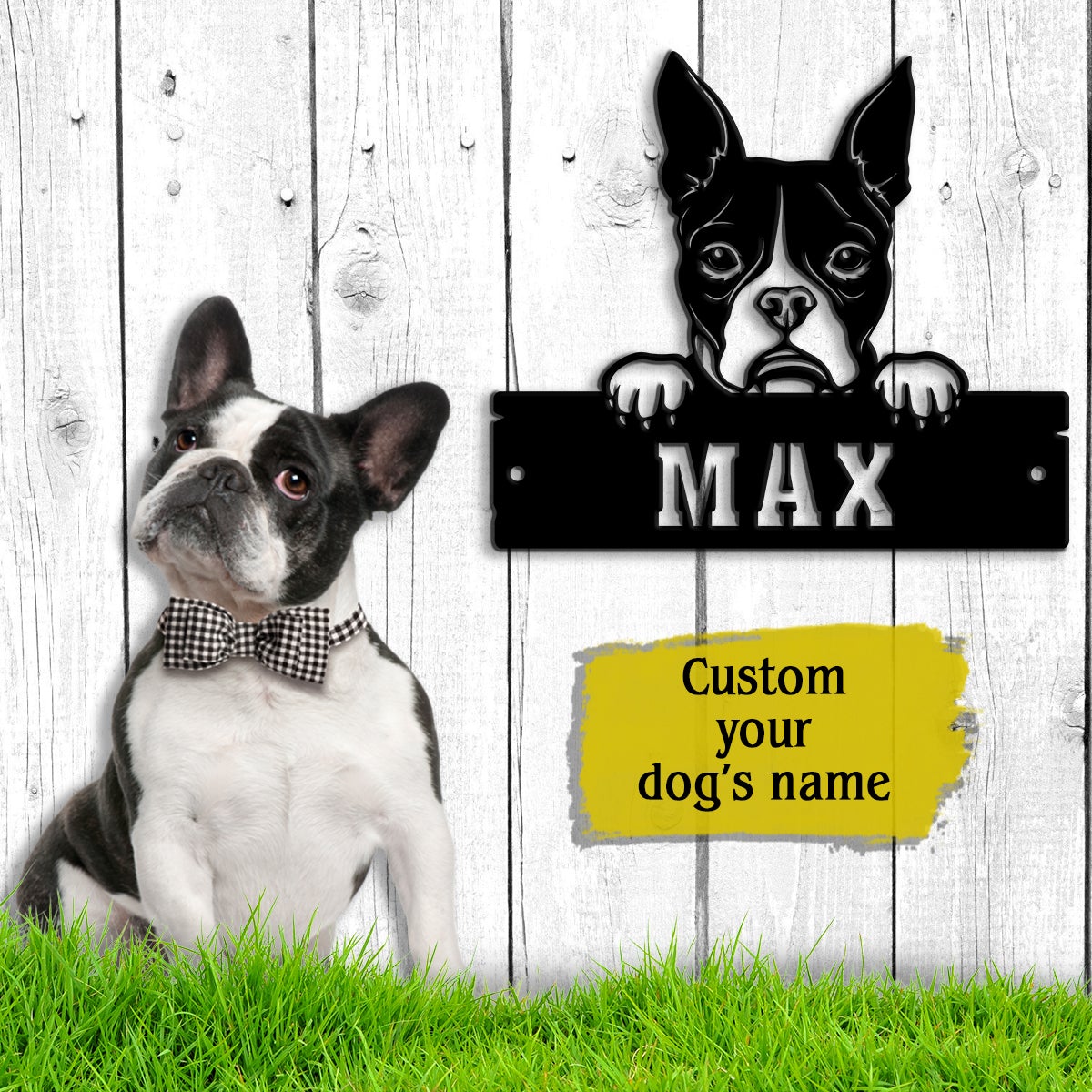 Boston Terrier Monogram Dog House Sign Metal Wall Art