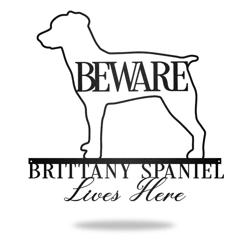 Beware Brittany Spaniel Bone Dog Dog House Sign Metal Wall Art