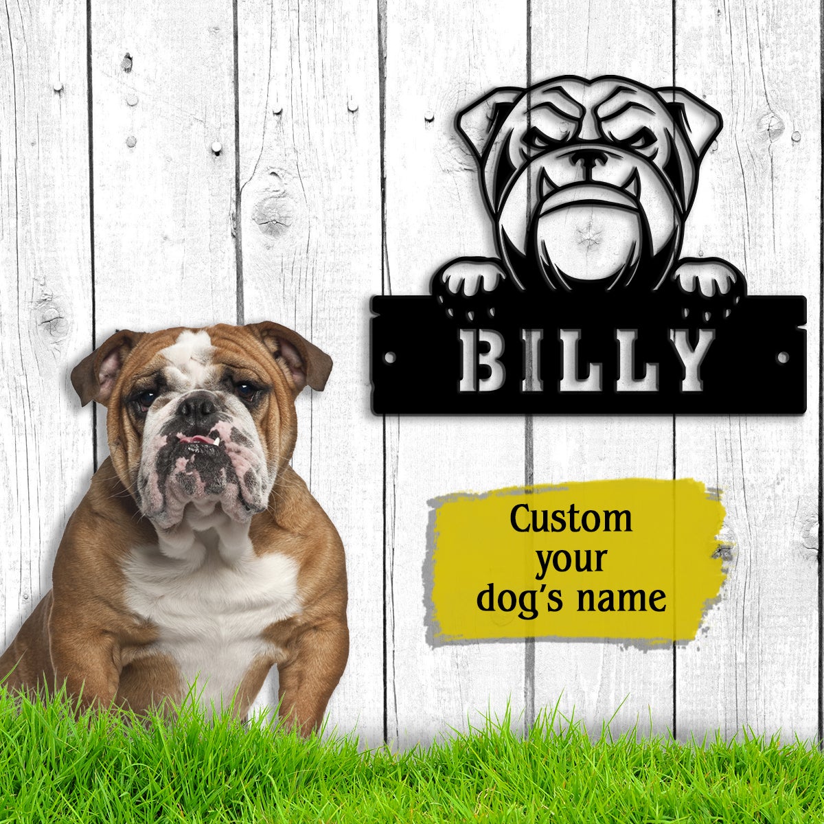 Bulldog Monogram Dog House Sign Metal Wall Art