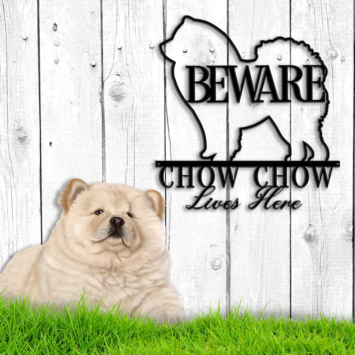 Beware Chow Chow Bone Dog Dog House Sign Metal Wall Art