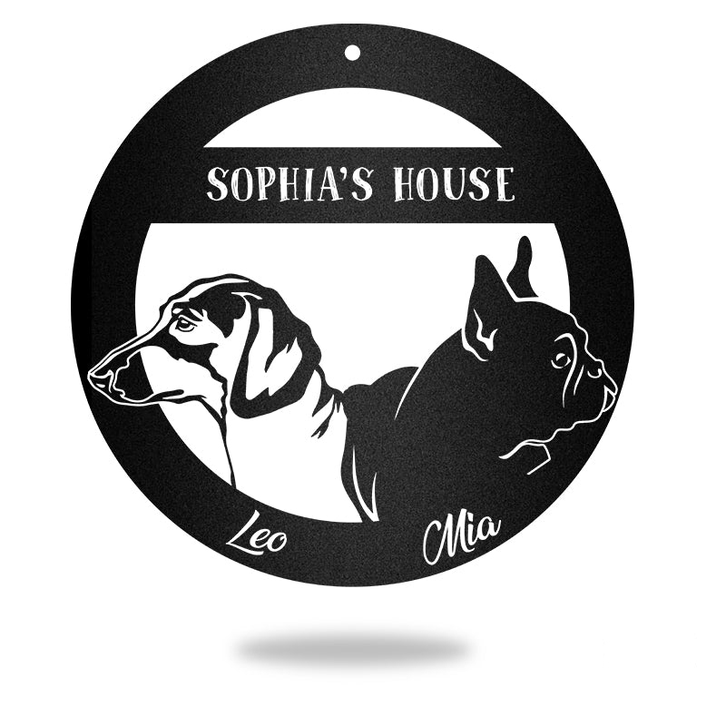 Dachshund And French Bull Dog Guard Dog House Sign Metal Wall Art