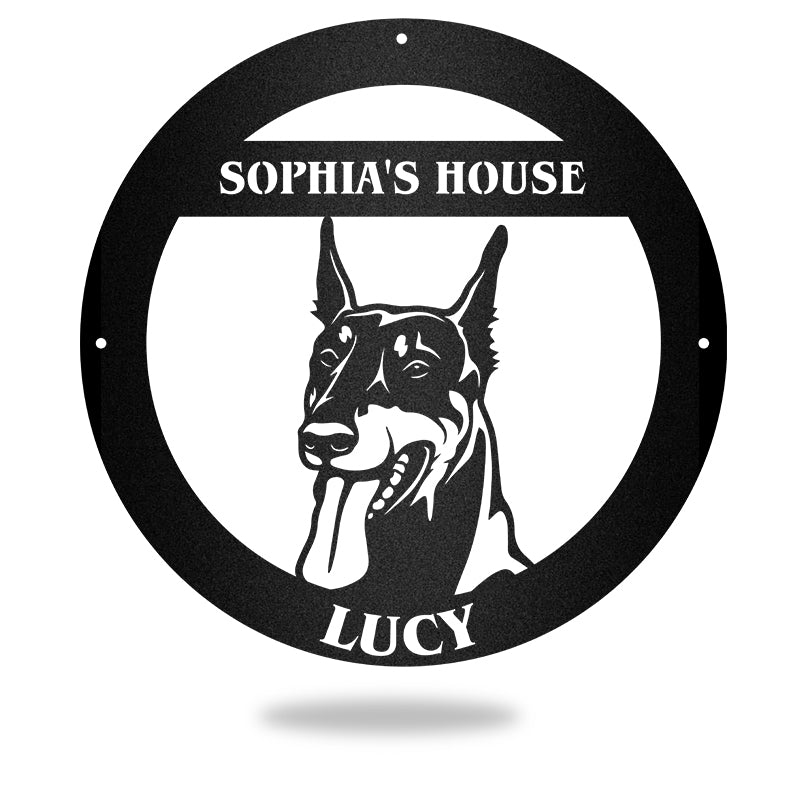 Doberman Guard Personalized Dog House Sign Metal Wall Art