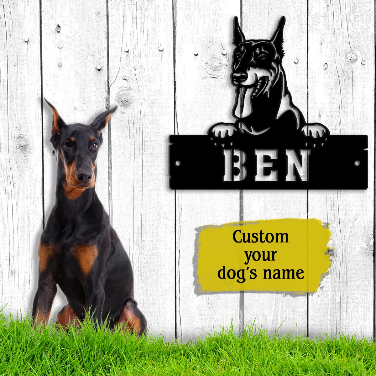 Dobermann Monogram Dog House Sign Metal Wall Art