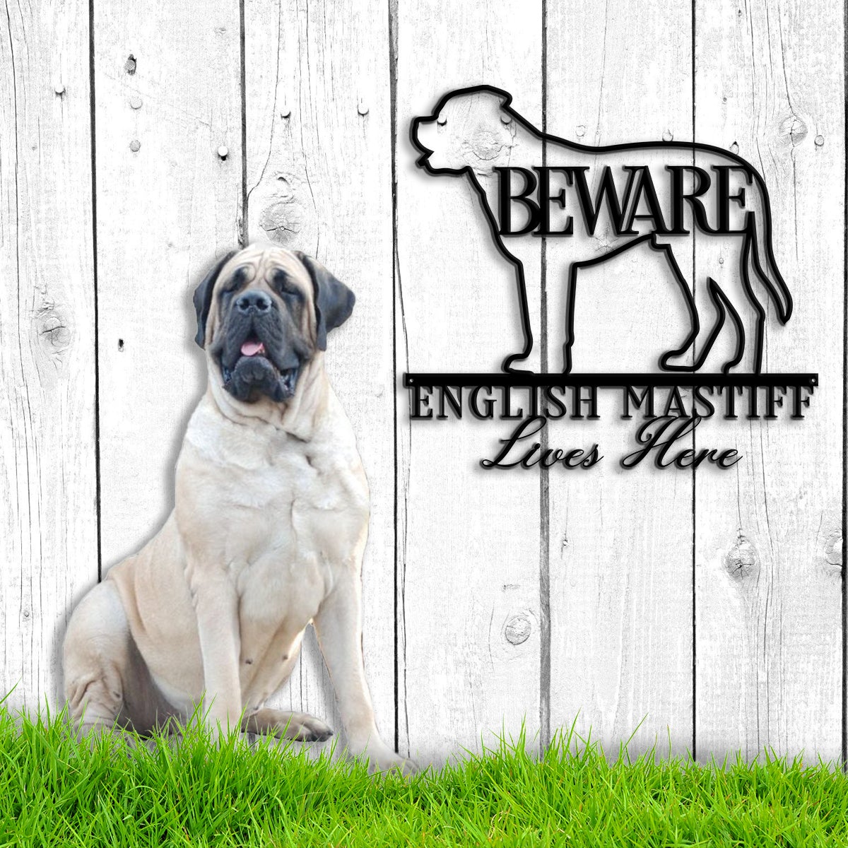 Beware English Mastiff Bone Dog Dog House Sign Metal Wall Art