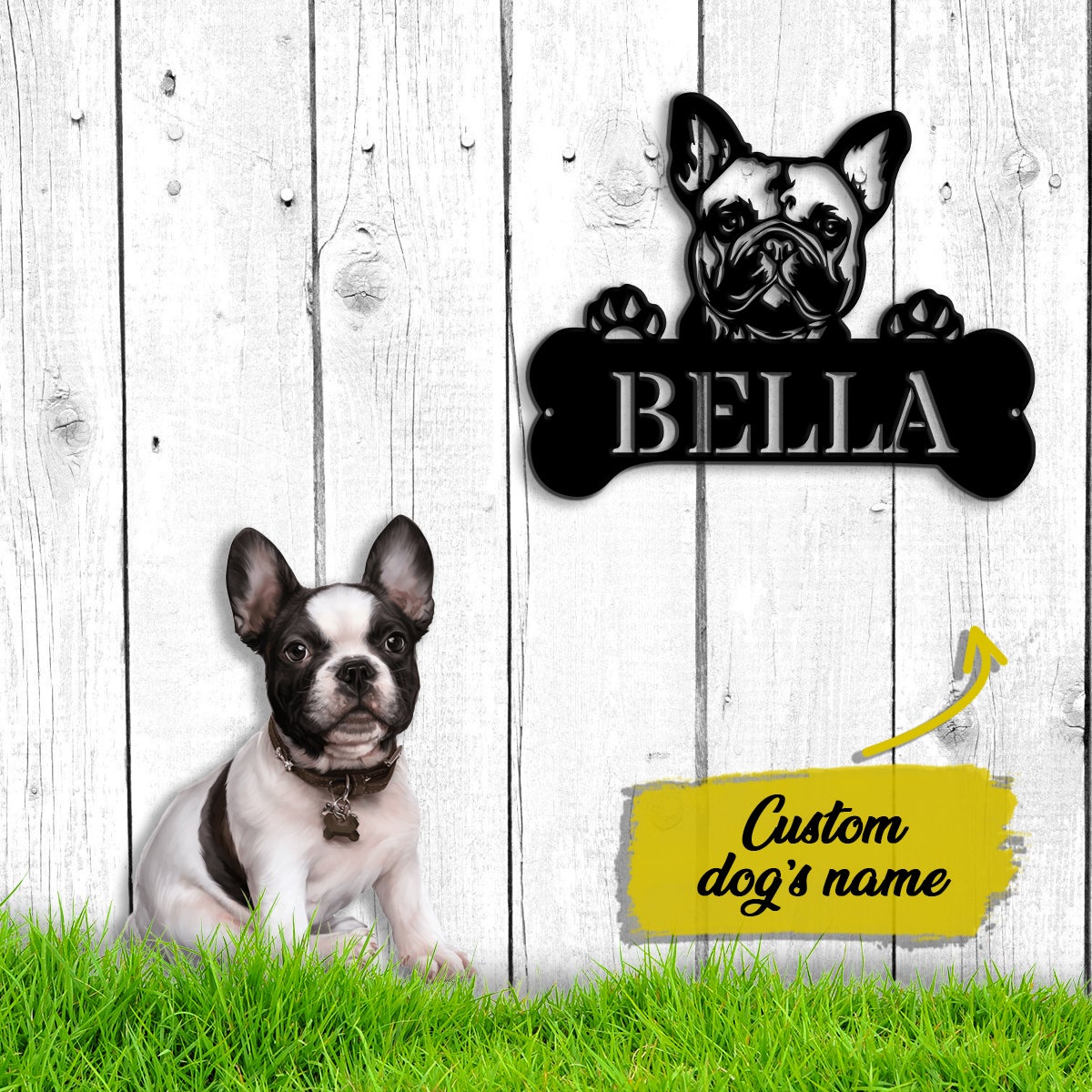 French Bulldog Monogram Dog House Sign Metal Wall Art