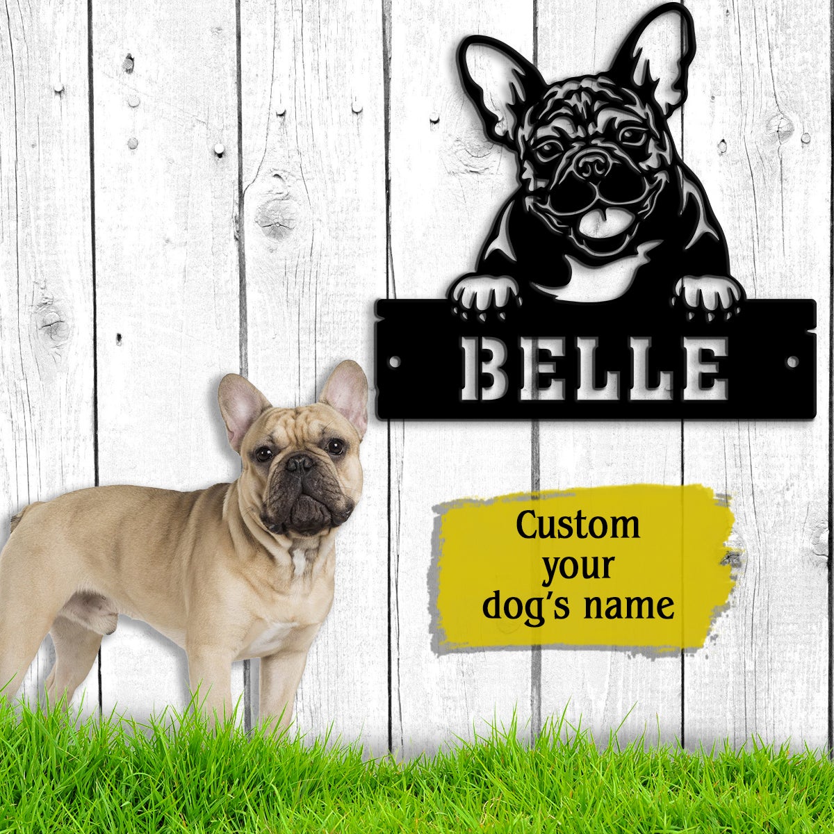 French Bulldog Monogram Dog House Sign Metal Wall Art