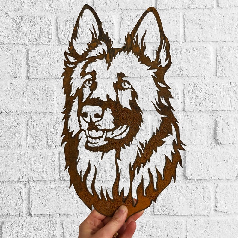 German Shepherd Dog Rustic Garden Art Sculpture Dog House Sign Metal Wall Art