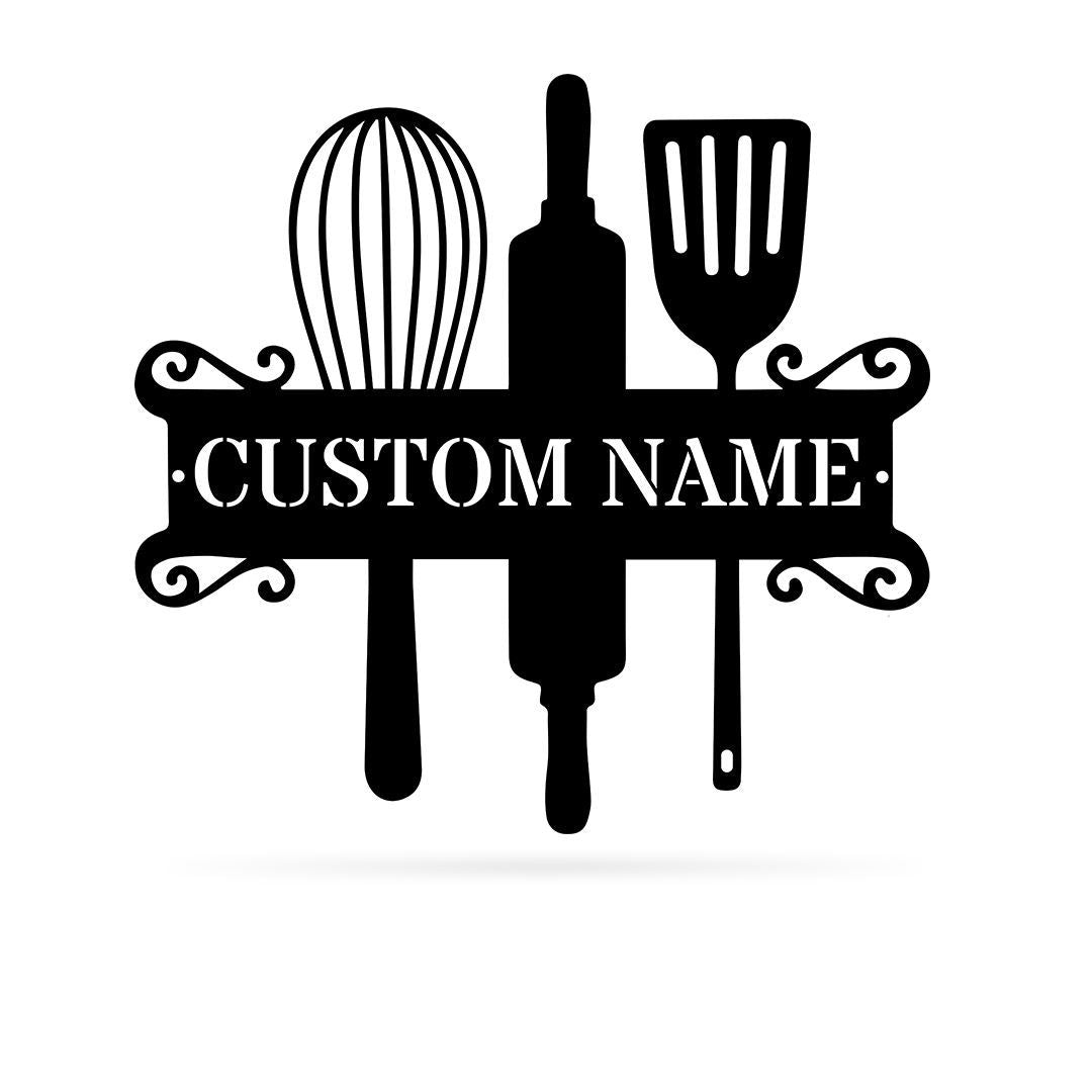 Kitchen Monogram Whisk Rolling Pin Customized Metal Wall Art Decor