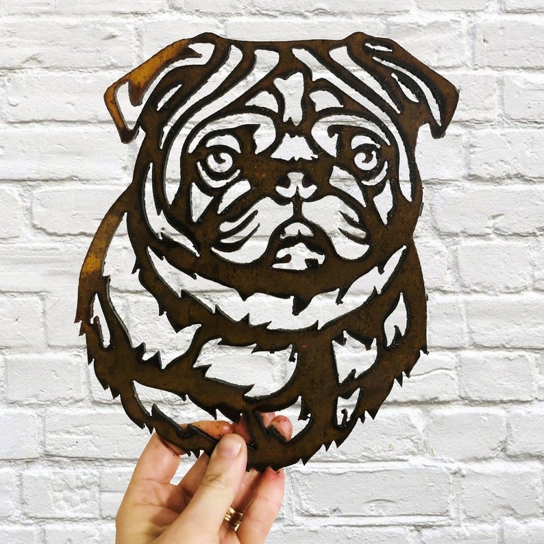Pug Dog Garden Art Sculpture Dog House Sign Metal Wall Art