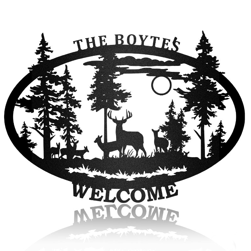 Welcome Deer Hunting Forest Deer Family Custom Metal Wall Art