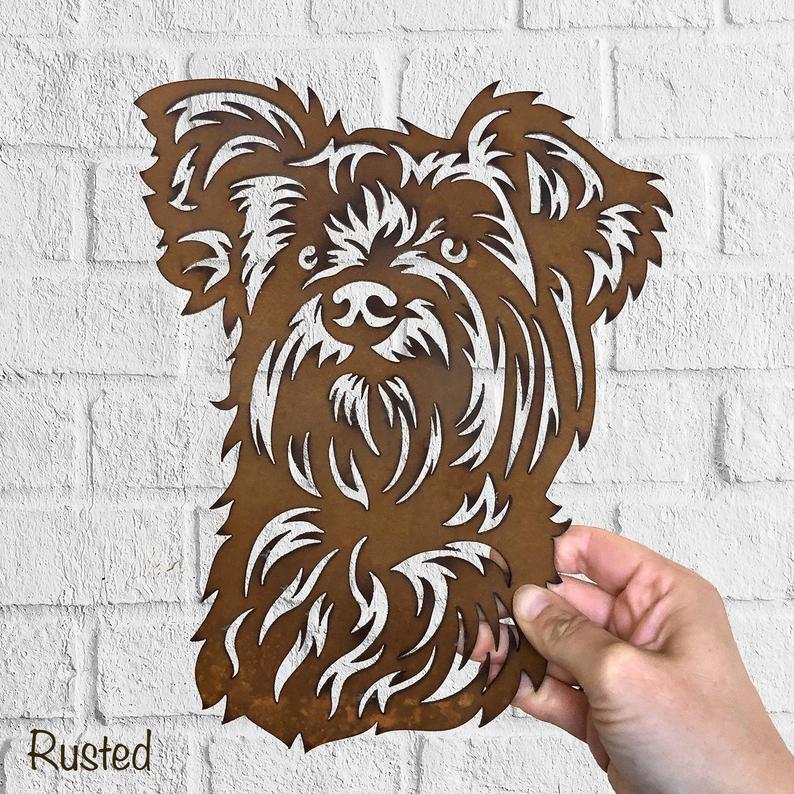 Yorkshire Terrier Dog Rustic Garden Art Sculpture Dog House Sign Metal Wall Art
