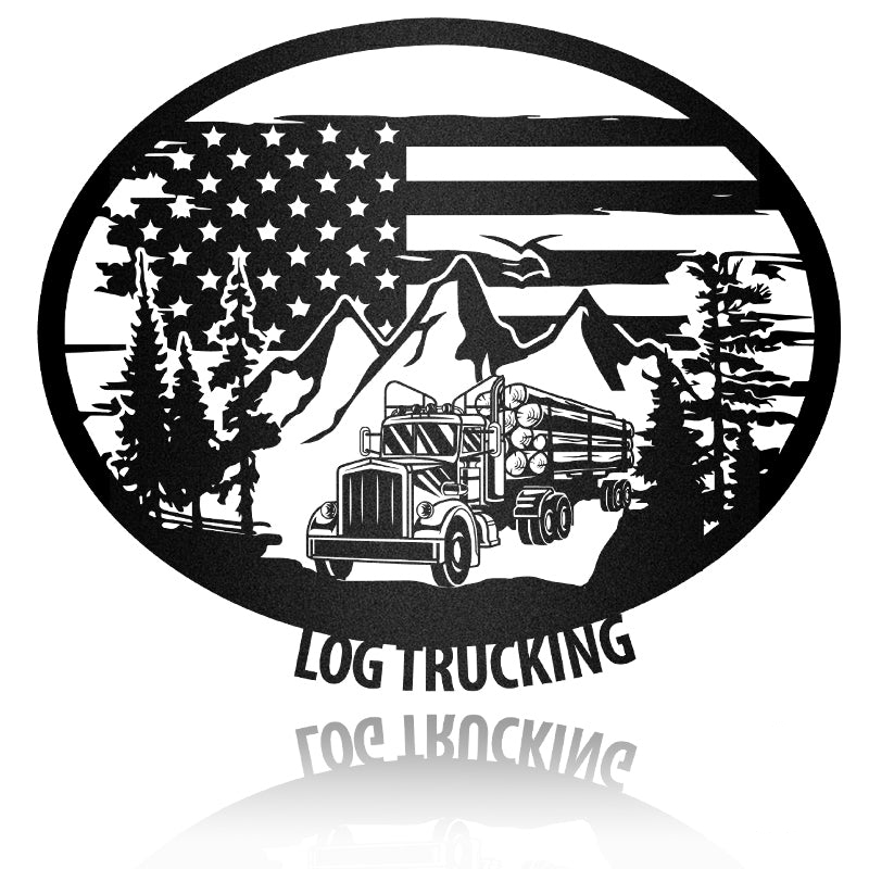 America Flag With Log Trucking Metal Wall Art