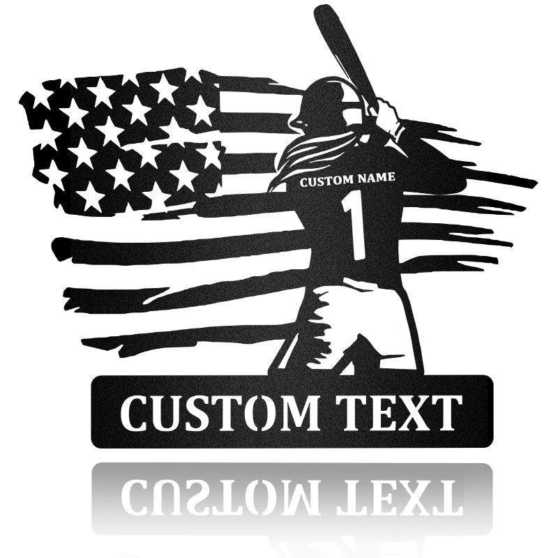 Baseball Female Player With American Flag Metal Wall Art