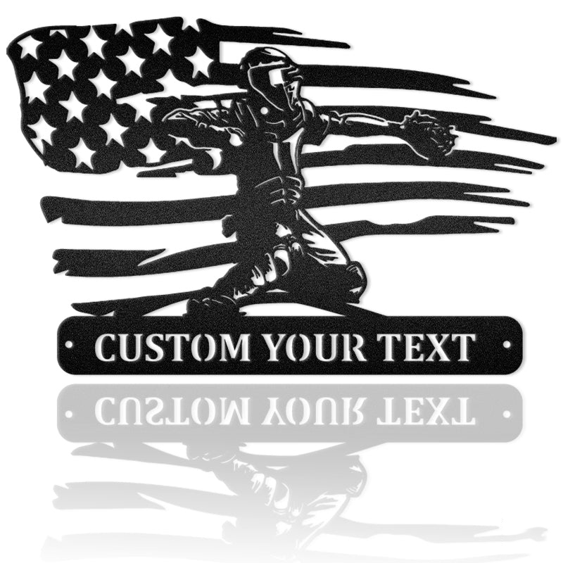 Baseball Player Custom Name With American Flag Metal Wall Art