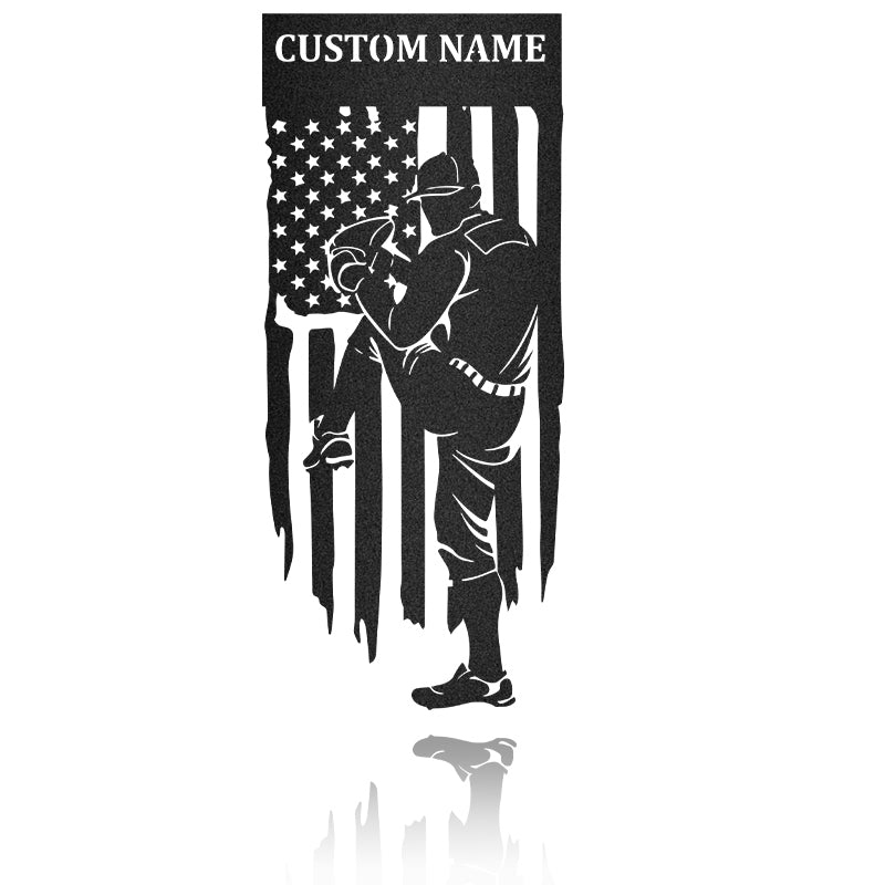 Baseball Player Custom Name With American Flag Metal Wall Art