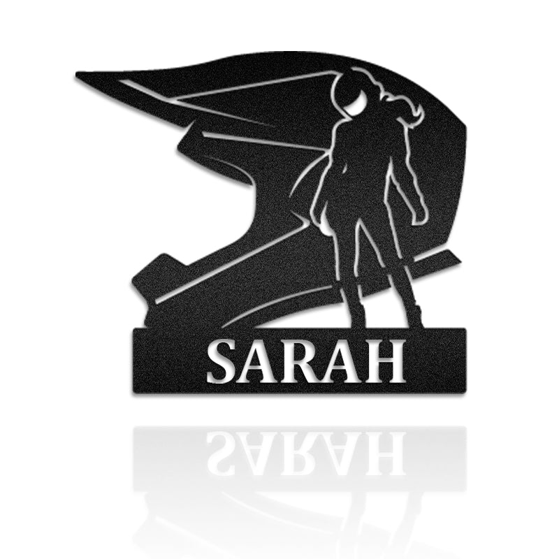 Biker Girl Motorcycle Helmet Rider Custom Name Metal Wall Art