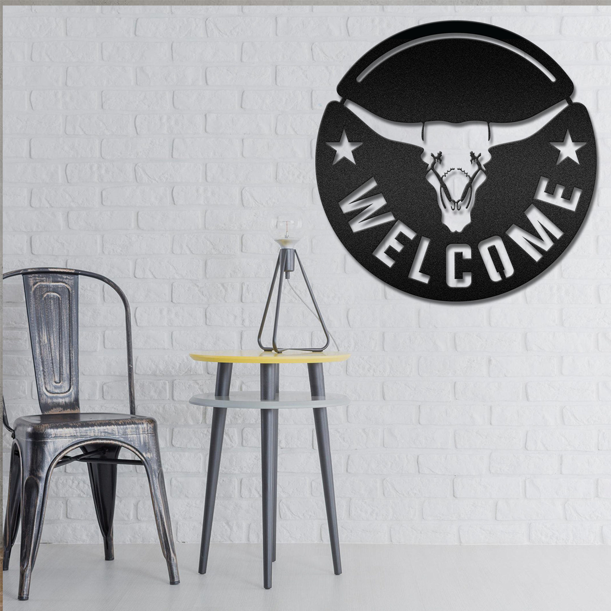 Cow Skull Welcome Horns Skeleton Skull Metal Wall Art