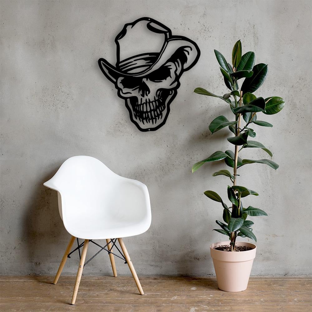 Cowboy Hat Skeleton Skull Metal Wall Art