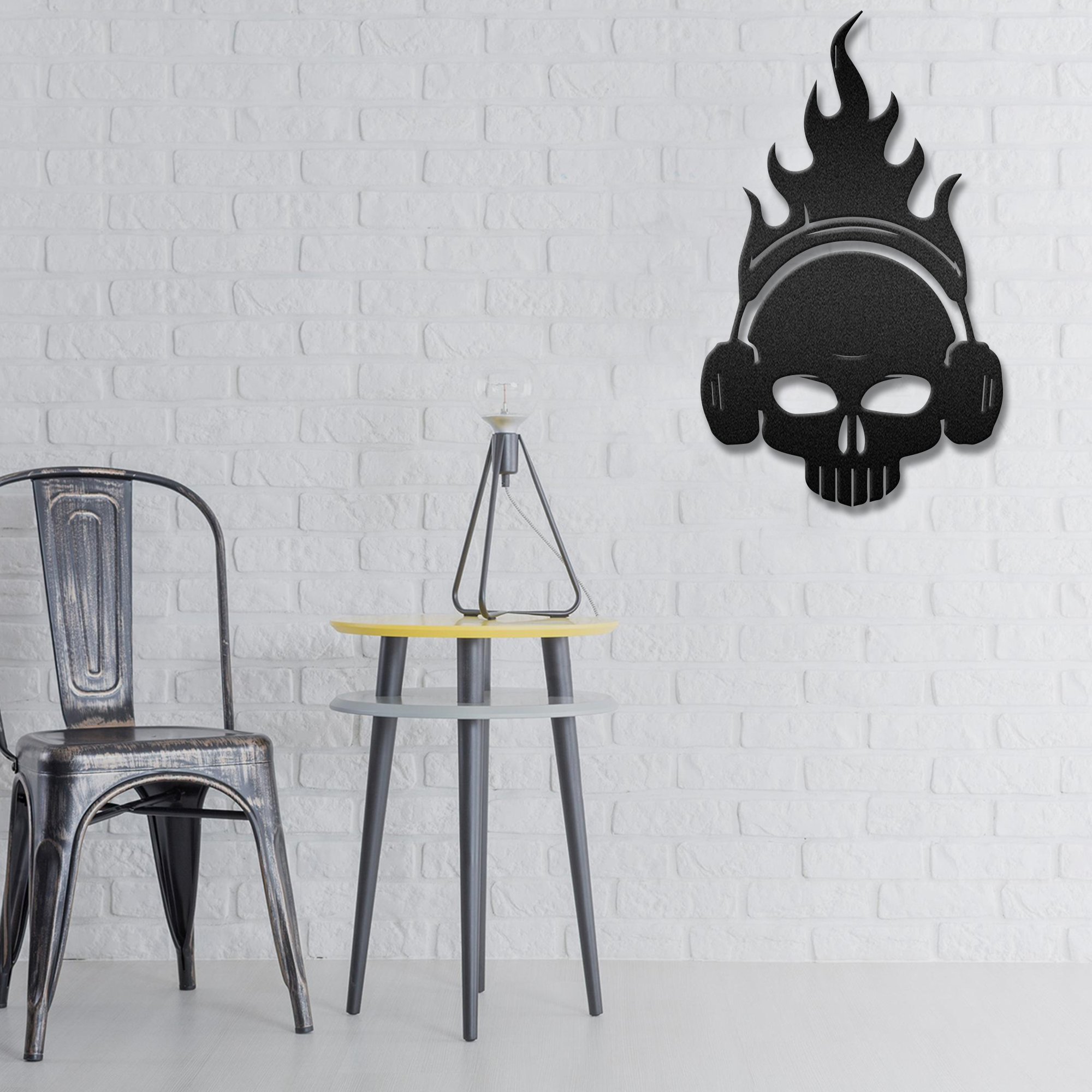 Fire Headphone Skull Skeleton Skull Metal Wall Art