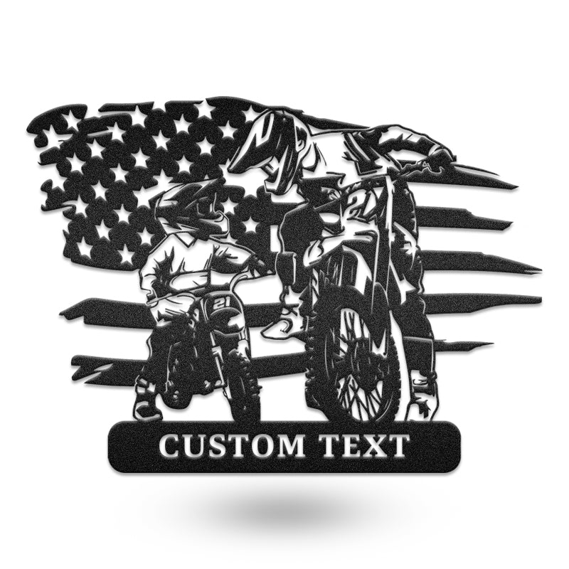 Dad And Kid Flag Motorcycle Metal Wall Art