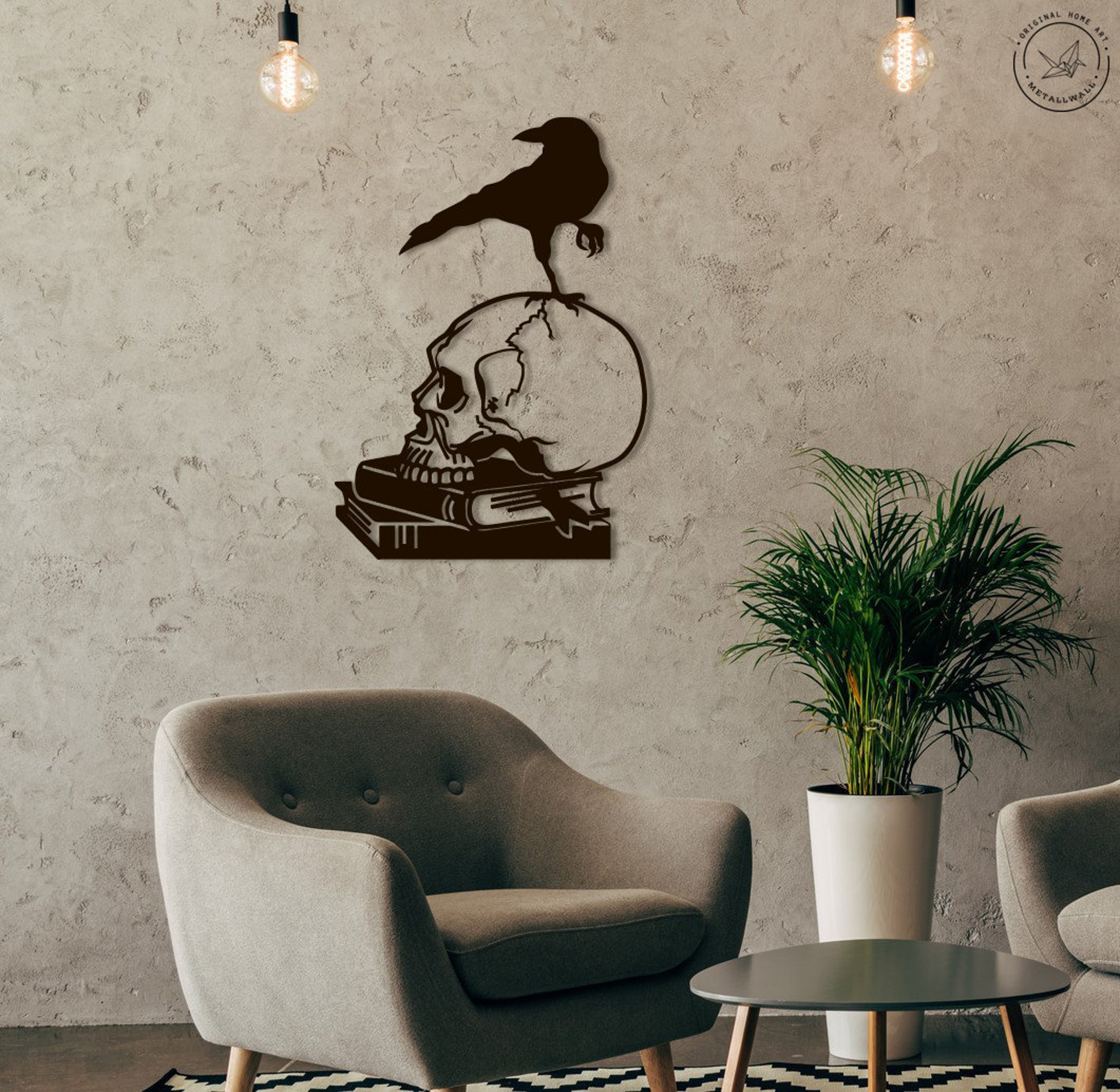 Halloween Metal Crow On Skull Skeleton Skull Metal Wall Art