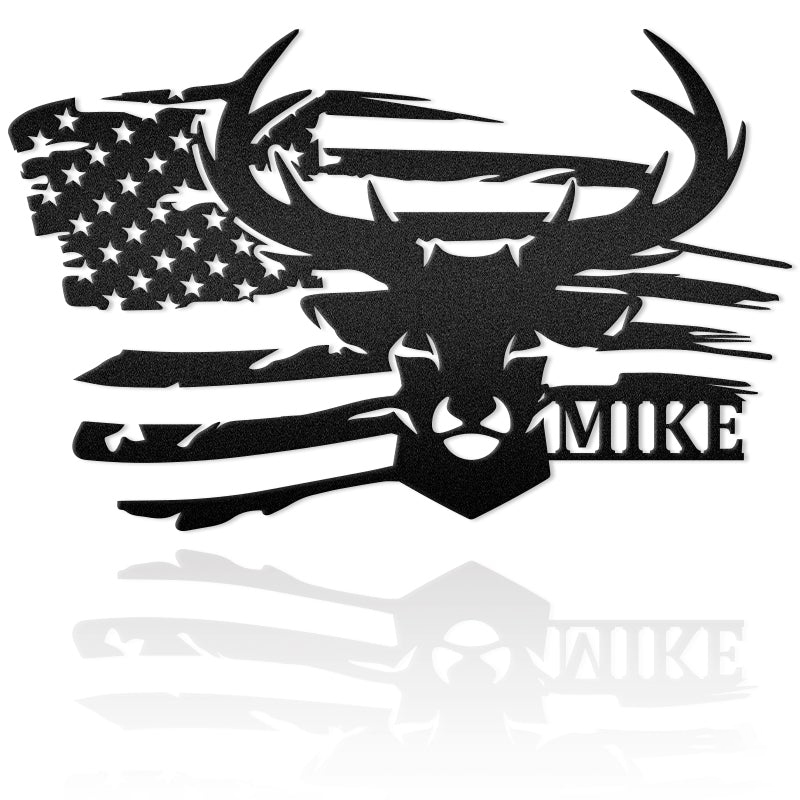Deer Head Custom Name With Flag Metal Wall Art