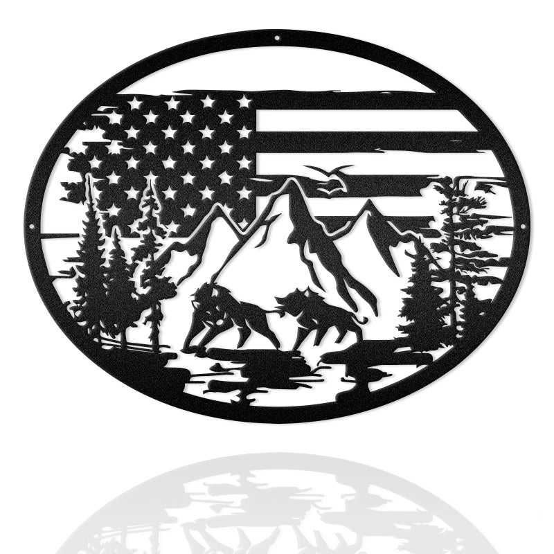 America Boar Flag Forest Bear Metal Wall Art