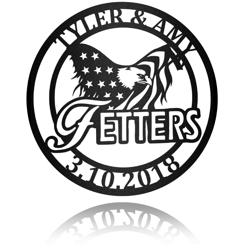 Family Name With Bald Eagle Flag Metal Wall Art