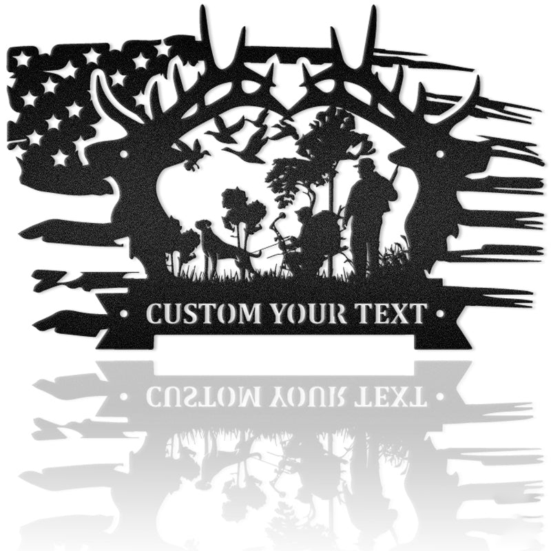 Hunting Dog With Partner Father And Son With Bow Hunting Metal Wall Art