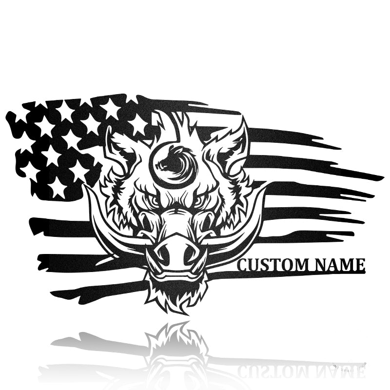 Boar Hunting With Flag Custom Name Metal Wall Art