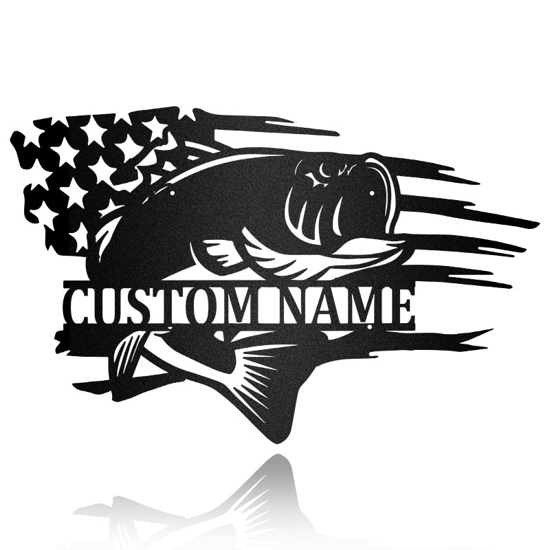 Largemouth Bass Fishing Custom Name In American Flag Metal Sign