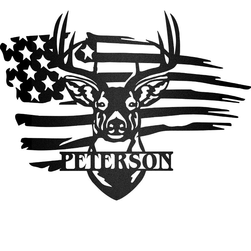 Deer Head Sign Custom Name In American Flag Metal Wall Art