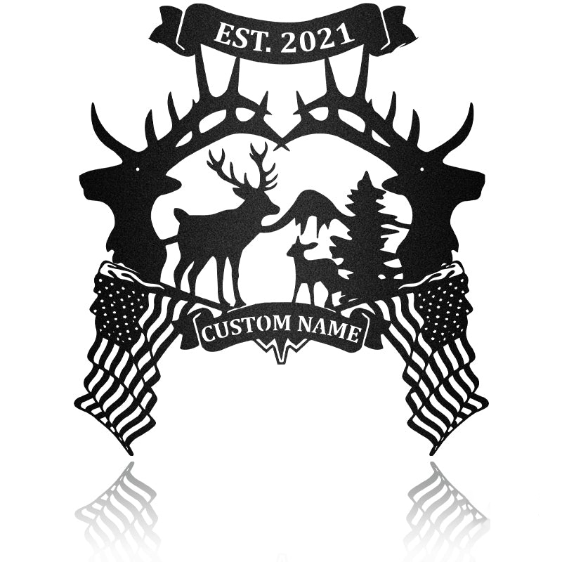 Deer Hunting American Flag Custom Text Metal Wall Art