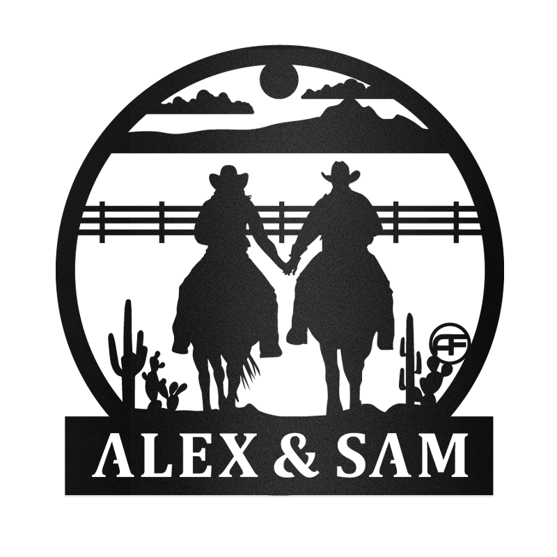 Cowboy Couple Riding Horse Hand In Hand Metal Wall Art