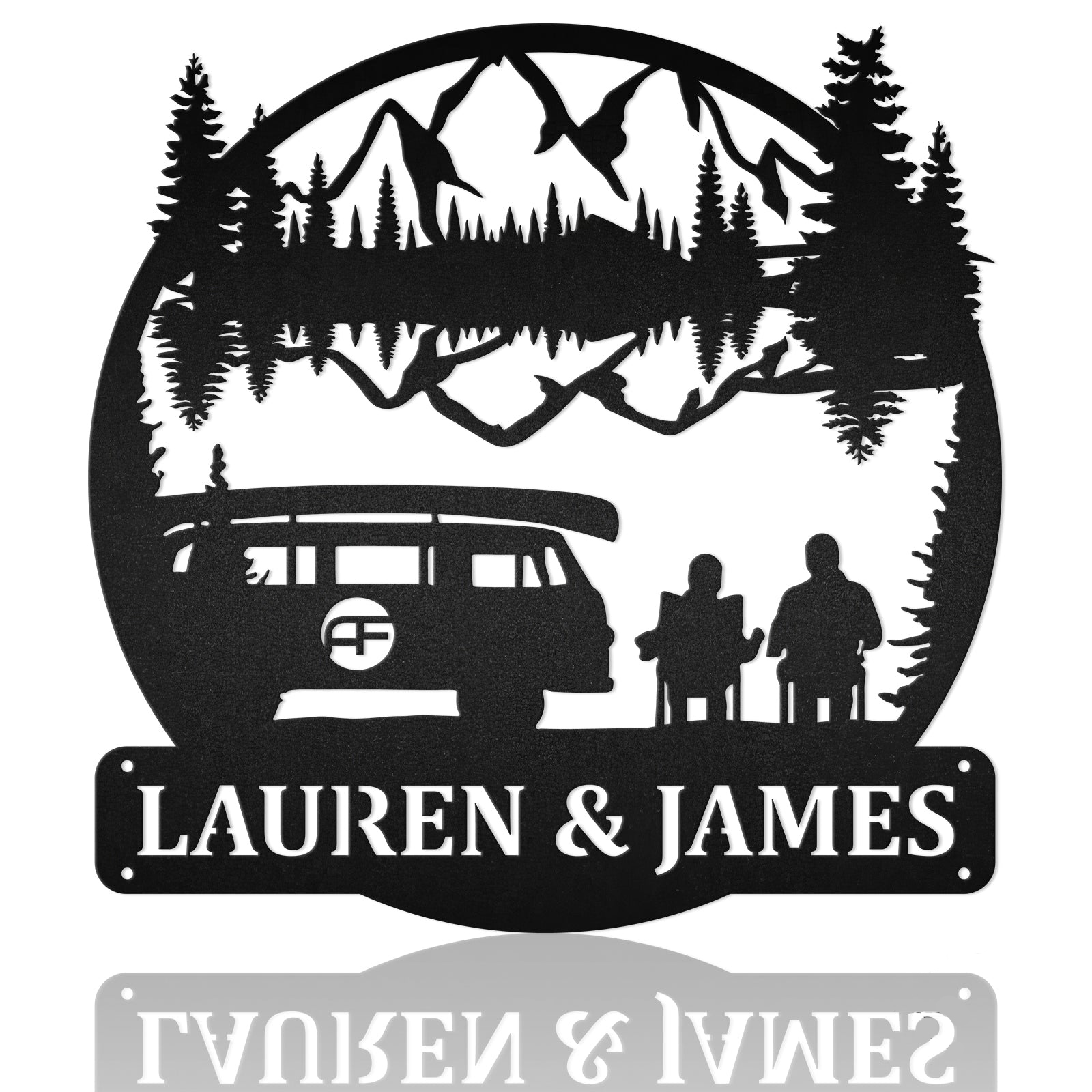 Custom Van With Couple Camper Mountain Scene Metal Wall Art