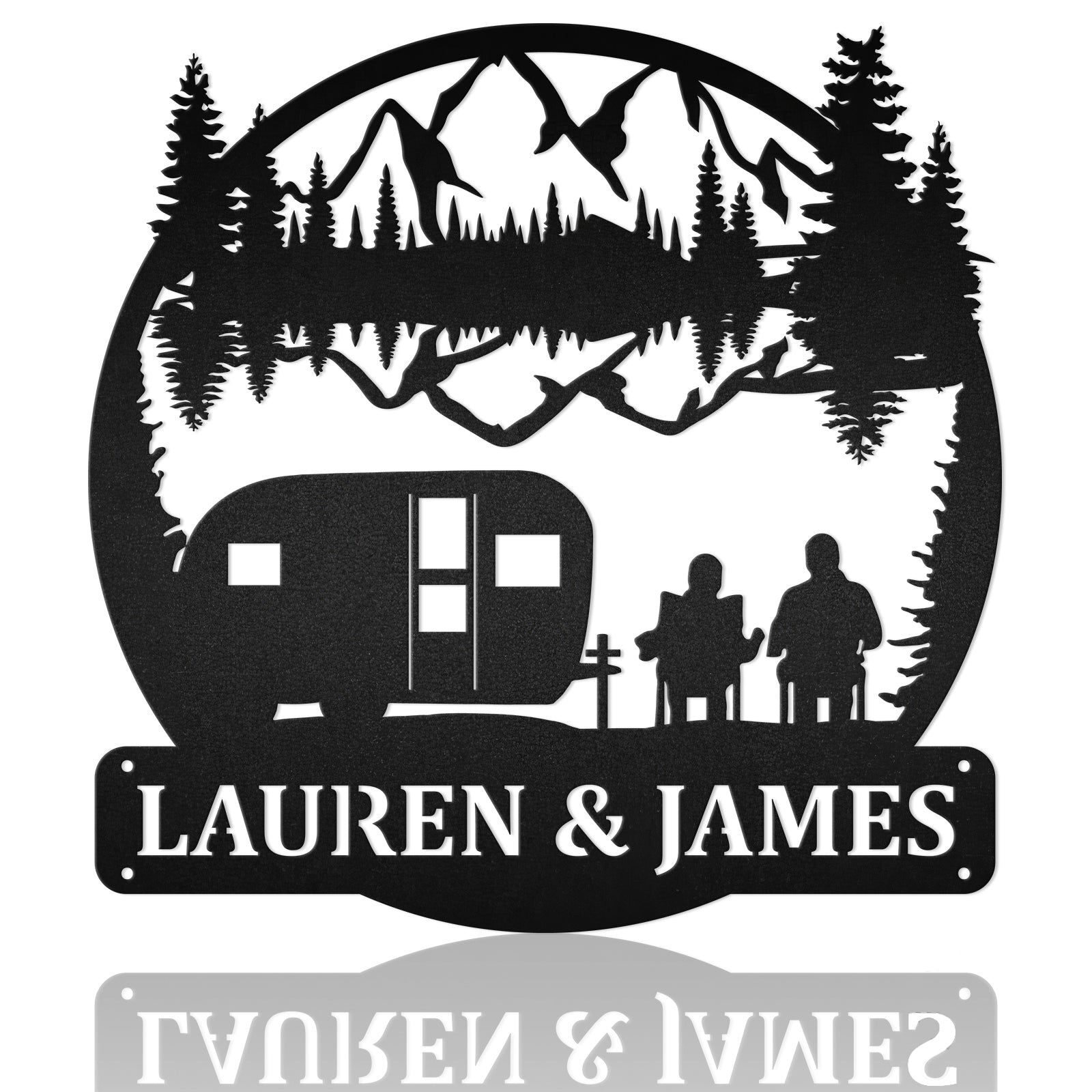 Couple Camper With Pull Behind Campers Mountain Scene Metal Wall Art
