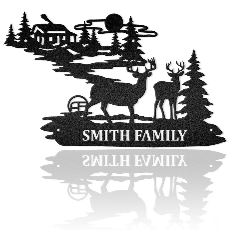 Woodland Cabin And Deer Metal Wall Art