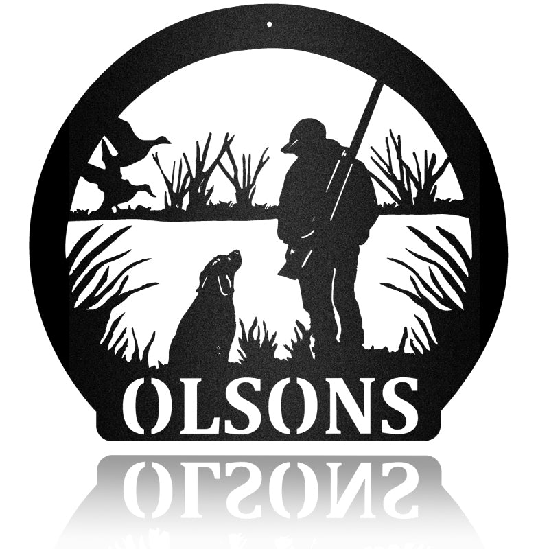 Hunting Dog And Hunter Metal Sign