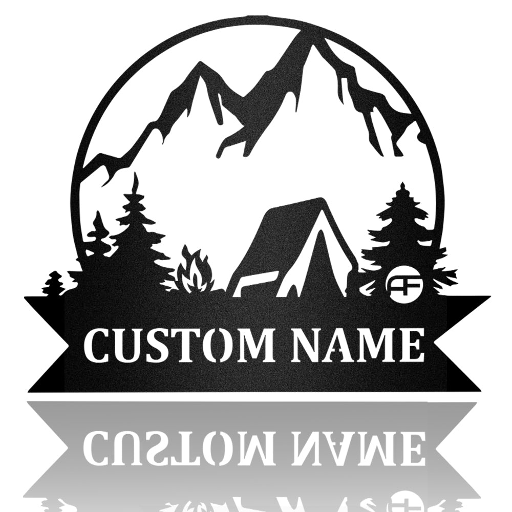 Camping Tent With Mountain Scene 2 Metal Art Sign
