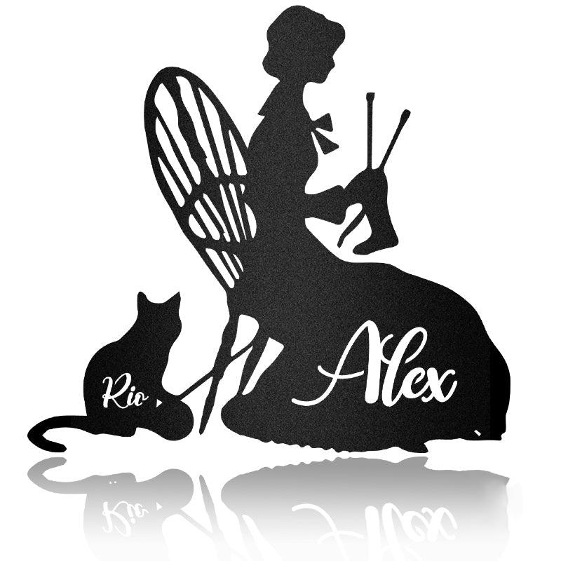 Knitting Girl And Cat Metal Wall Art