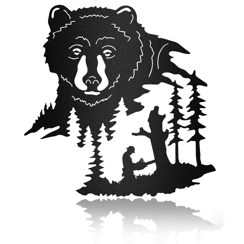 Logger Working And Bear Metal Wall Art