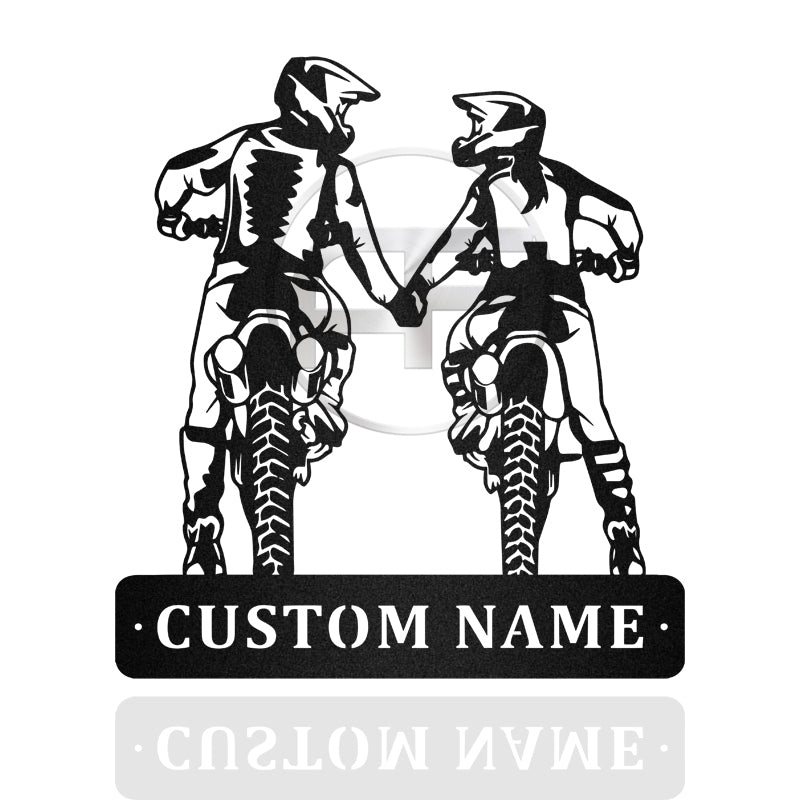 Motorcycle Dirt Bike Couple Holding Hand Metal Wall Art
