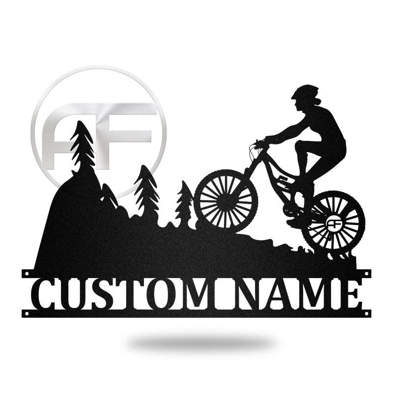 Woman Mountain Bike Monogram Frame Metal Wall Art