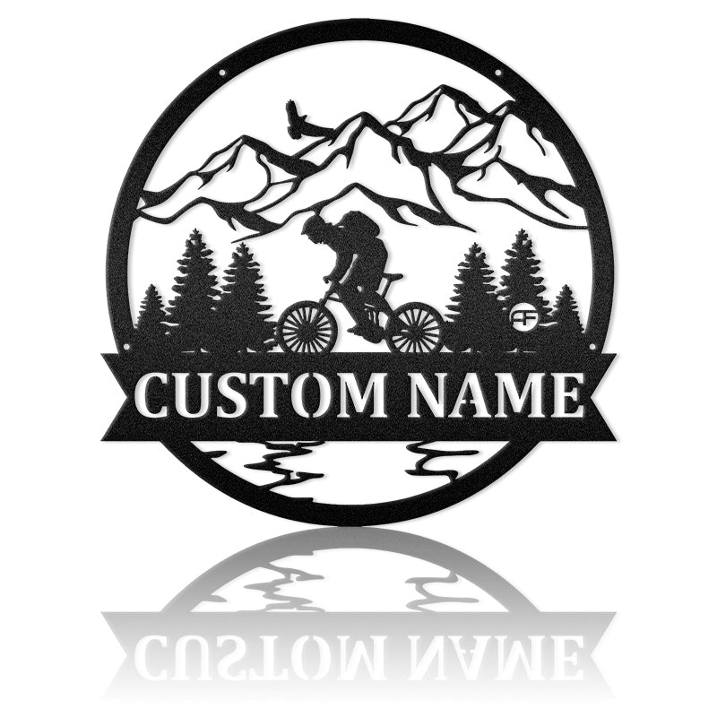 Mountain Scene And Mountain Biker Custom Name Metal Wall Art