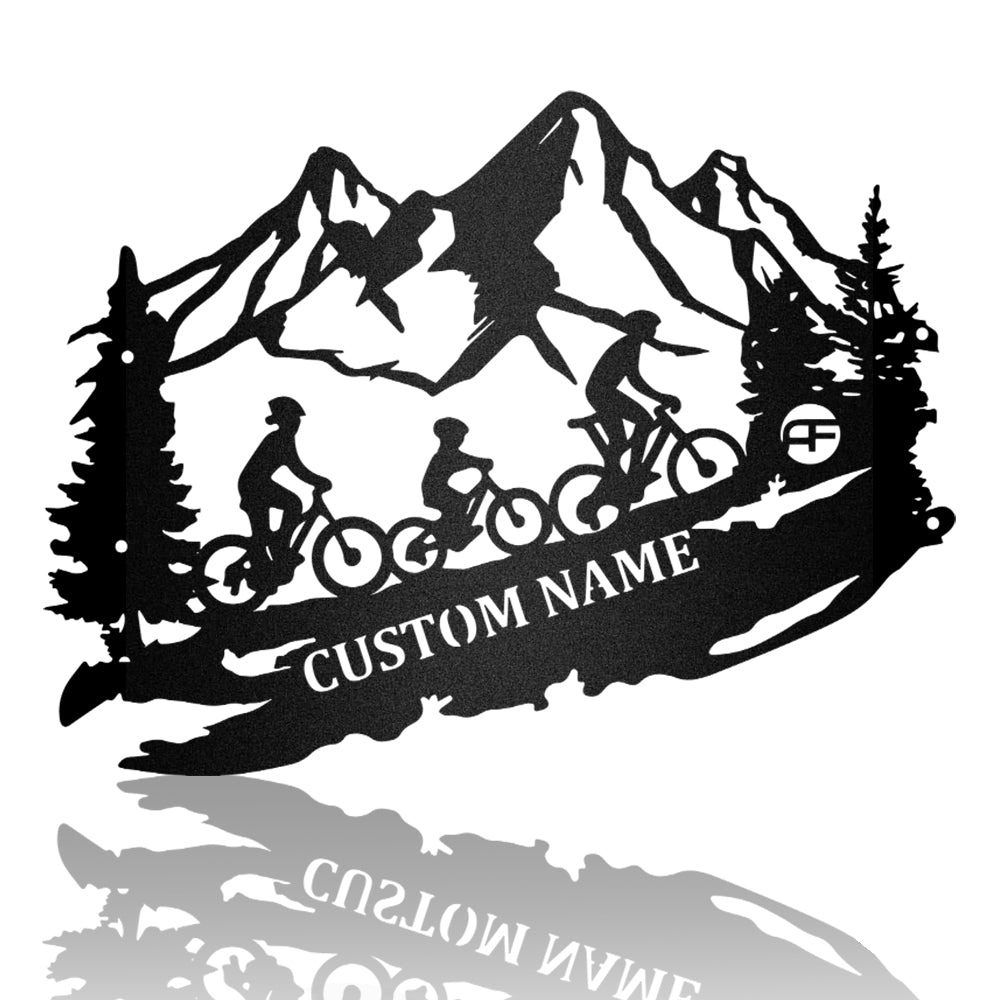 Mountain Bike Riding Bicycle Family 3 With Son Metal Wall Art