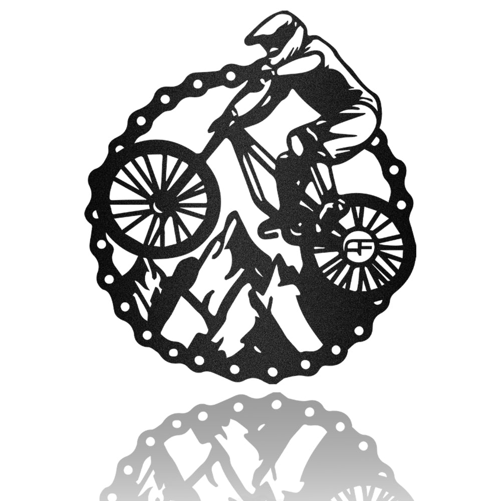 Mountain And Biker With Bicycle Gear Metal Wall Art