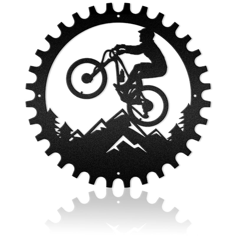 Mountain Bike And Biker With Bicycle Gear Frame Metal Wall Art