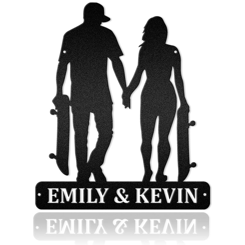 Boyfriend And Girlfriend Skateboarding Metal Wall Art