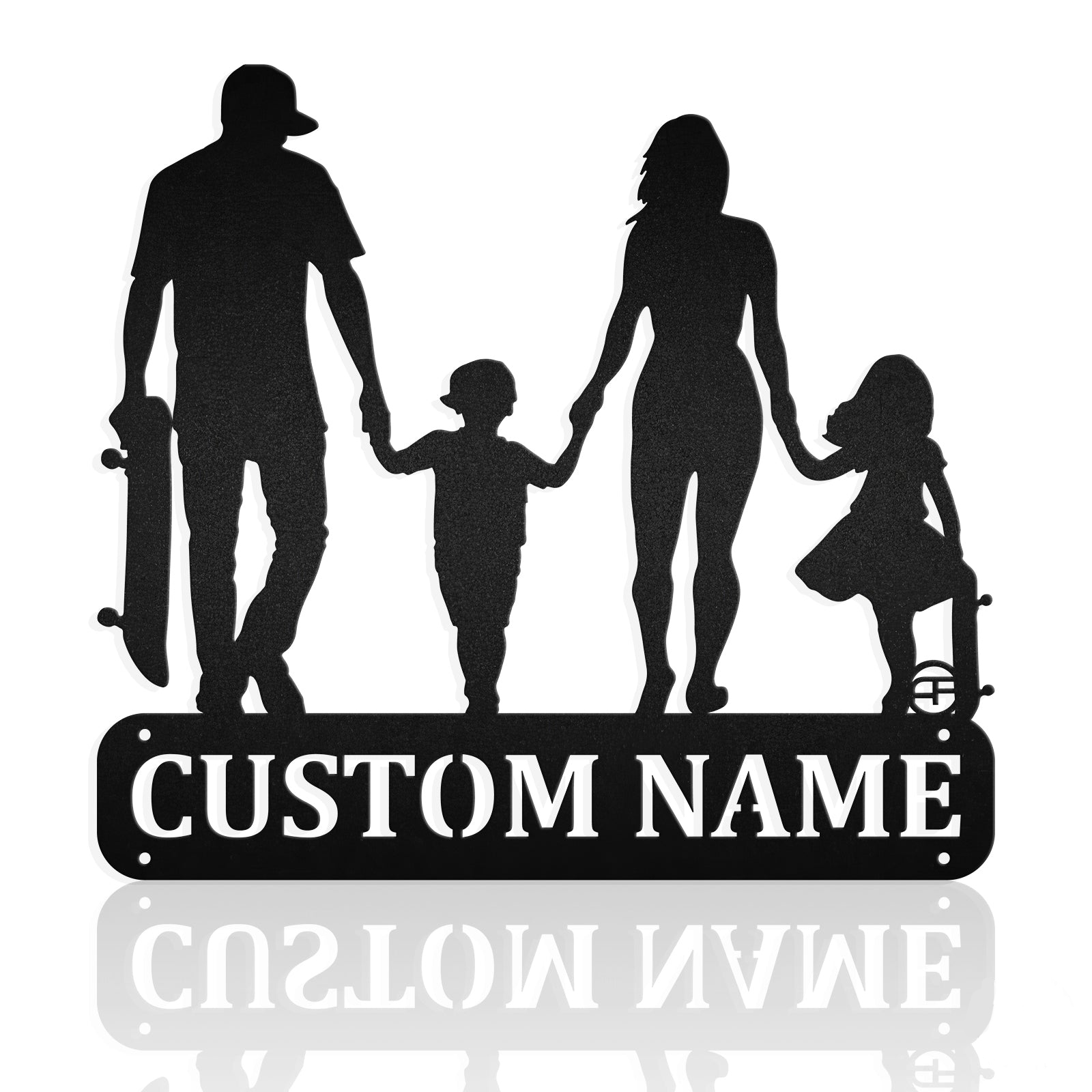 Dad Mom And Son Daughter Skateboarding Metal Wall Art